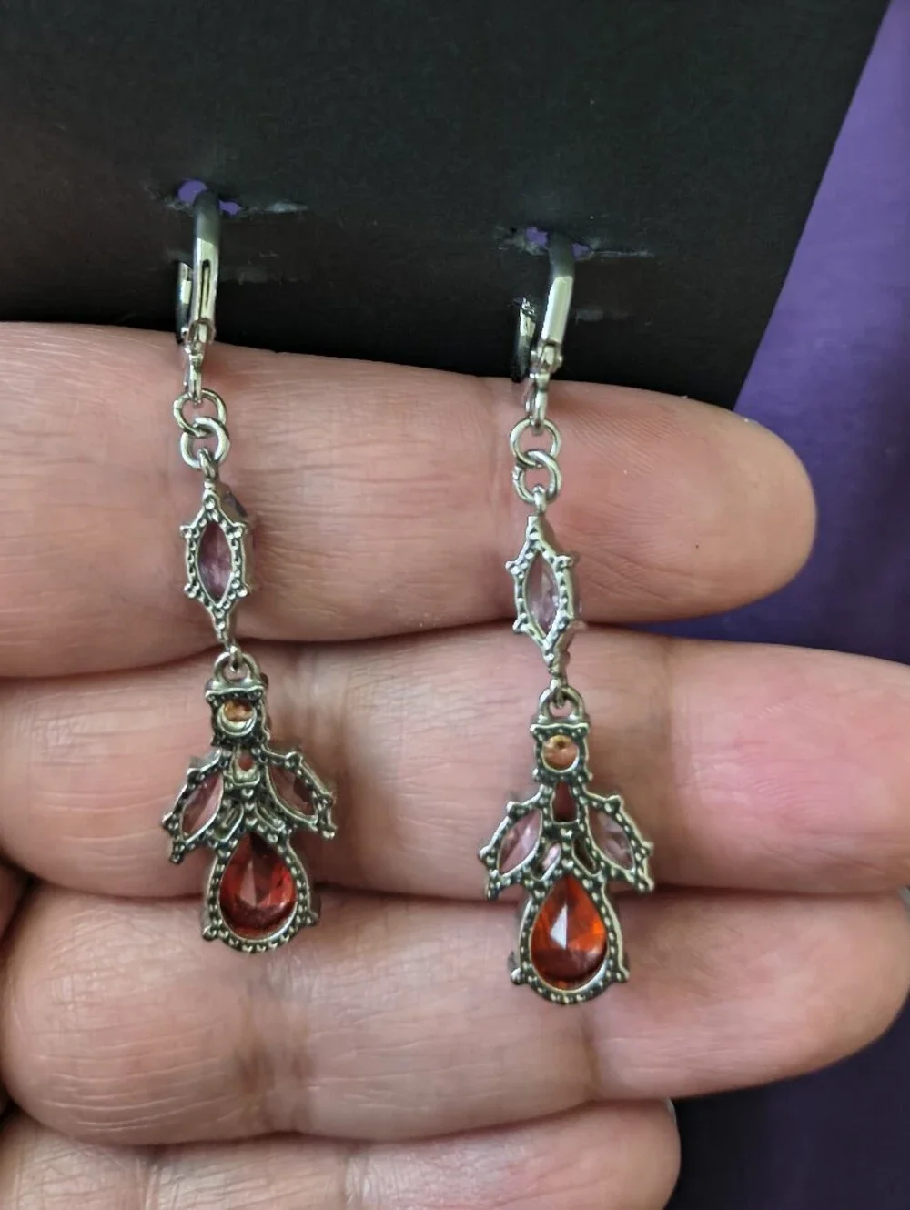 Stunning Silver Plated Mulit Color Gemstone Dangle Earrings. Estate Find